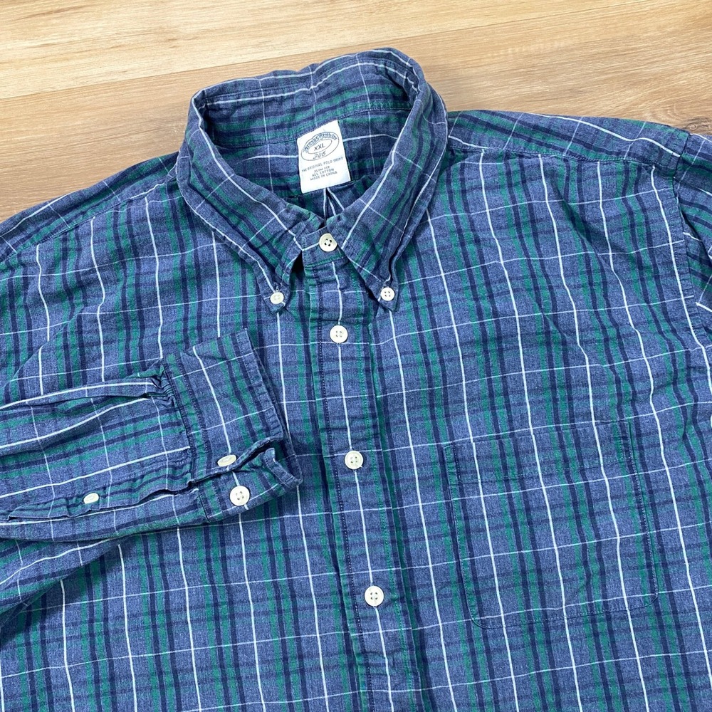 Brooks Brothers Shirt Mens XXL Heritage Cotton Slim Fit Plaid Blue Green Casual